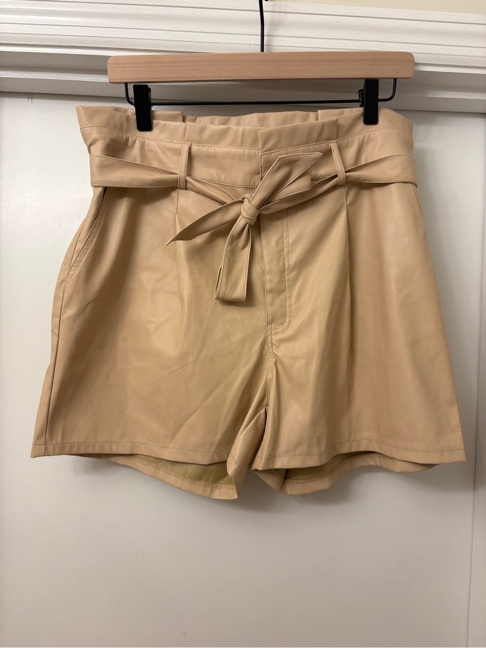 High-Waist Faux Leather Shorts with Tie Belt Camel - 14